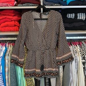 Love Kuza black/pink floral long bell sleeve elastic waistband v neck romper S